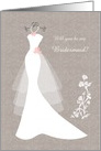 Wedding, Bridesmaid - white gown and flowers on light brown damask card