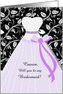 Cousin, bridesmaid - White wedding gown and leafy damask on black card