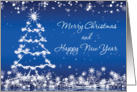 Christmas, New Year - white tree, snowflakes and stars on blue card