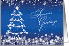 Season’s greetings Christmas - white tree, snowflakes, stars on blue card