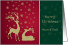 Christmas Mom & Dad - Golden reindeers and snowflakes on red card