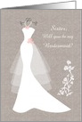 Wedding, Sister Bridesmaid - white gown, flowers on light brown damask card