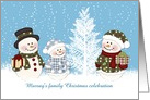 Christmas Party Invitaion card with Snowman family, pine tree, snow card