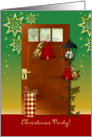 Invitation Christmas Party - christmas door bells, holly and lantern card