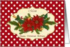Mom, Birthday on Christmas card with Poinsettia, holly and pine card