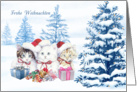 German Merry Christmas card with kittens, tree, presents card