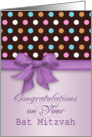 Congratulations, Bat Mitzvah - pink purple polka dots, printed bow card