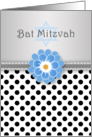 Bat Mitzvah - black white polka dot, blue flower and Star of David card