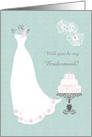 Wedding, Bridesmaid - white gown, flowers, cake on light aquamarine card