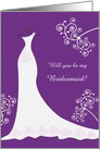 Wedding, Be my Bridesmaid - white gown and swirls on purple card