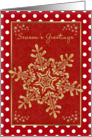 Red and gold Christmas Season’s Greetings card - snowflakes and polka dot card