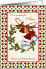 Christmas card for Niece - Santa, bells and holly wreath card