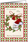 Christmas card for Son - Santa, bells and holly wreath card