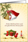Frohe Weihnachten German Christmas - bells, pine, candle and christmas decorations card