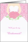 Wedding, Bridesmaid - white gown, flowers on pink damask card