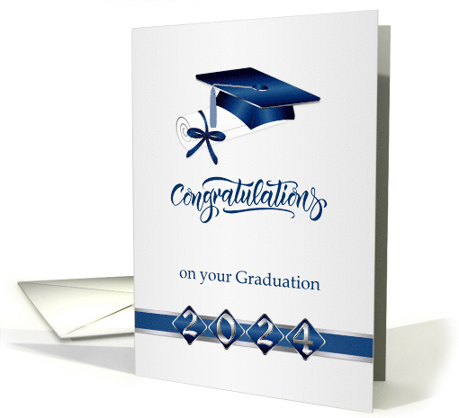 Congratulations 2024 Graduation Silver Blue Mortar Cap, Diploma card