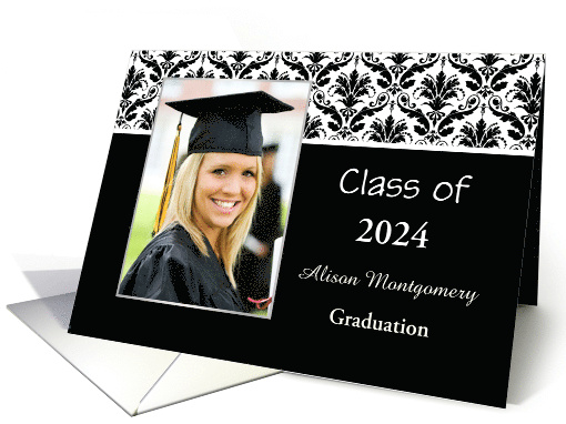 Graduation Announcement - Black and white Damask pattern card