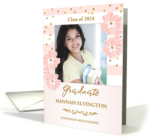 Graduation Party Photo Invitation Pink Flowers Stripes Polka Dot card