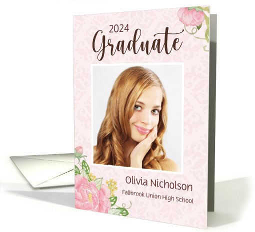Graduation Party Invitation Pink Damask Peony Custom Photo card