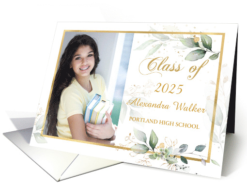 Graduation Party Invitation Green Gold Leaves Custom Photo card
