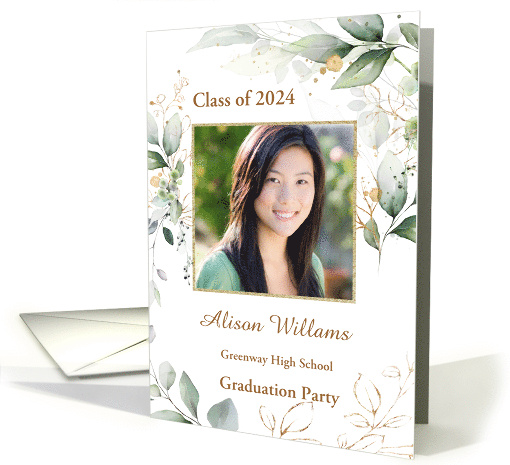 Graduation Party Invitation Greenery Foliage Gold Leaves Photo card