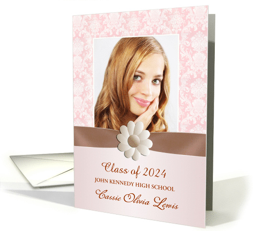 Graduation Announcement White Pink Damask Faux Ribbon Daisy Photo card