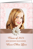 Graduation Announcement White Pink Damask Faux Ribbon Daisy Photo card