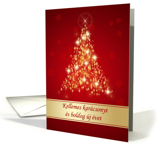 Hungarian Merry Christmas - Red and gold sparkling Christmas tree card