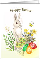 Easter bunny, flowers, Easter eggs card