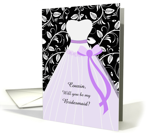 Cousin, bridesmaid - White wedding gown and leafy damask on black card