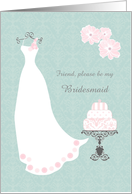 Friend, Bridesmaid - white gown, flowers, cake on aquamarine card