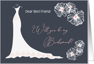 Bridesmaid Best Friend - Wedding Gown, Flowers on Dark Blue Gray card