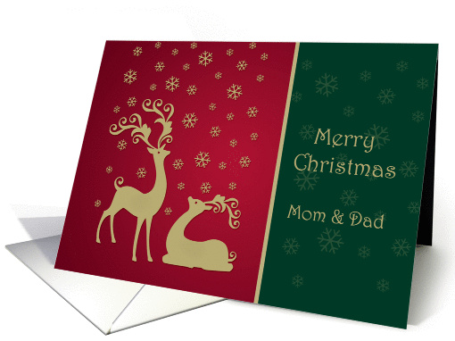 Christmas Mom & Dad - Golden reindeers and snowflakes on red card