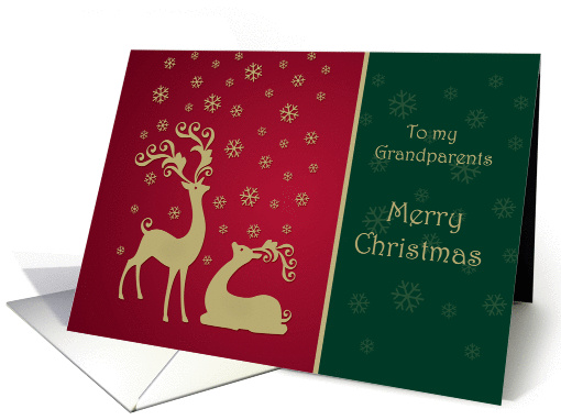 Christmas Grandparents - Golden reindeers and snowflakes on red card