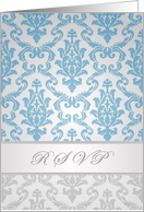 Invitation Reply RSVP card - Damask blue - silver card