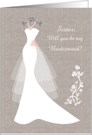 Wedding, Sister Bridesmaid - white gown, flowers on light brown damask card