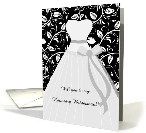 Wedding, Honorary Bridesmaid - white gown on leafy damask pattern card