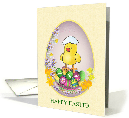 Easter chick with colorful eggs and flowers. card (586660)