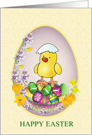 Easter chick with colorful eggs and flowers. card
