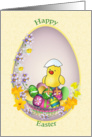 Easter chick with colorful eggs and flowers. card