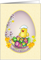 Easter chick with colorful eggs and flowers. card