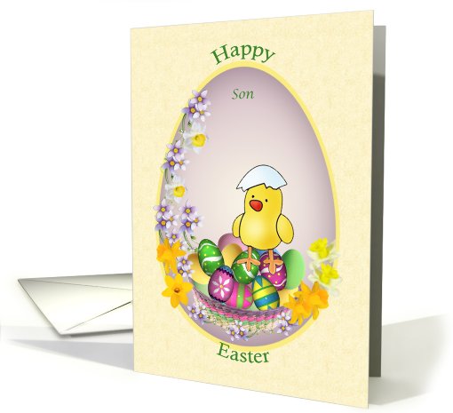 Easter card for son - chick with colorful eggs and flowers. card