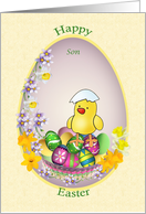 Easter card for son - chick with colorful eggs and flowers. card