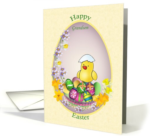 Easter card for grandson - chick with colorful eggs and flowers. card