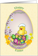 Easter card for Step Daughter- chick with colorful eggs and flowers. card