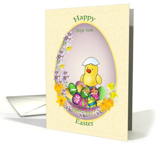 Easter card for Step Son- chick with colorful eggs and flowers. card