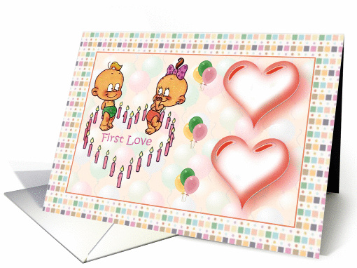 Firts Love, babies, hearts and candles card (612608)