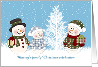 Christmas Party Invitaion card with Snowman family, pine tree, snow card
