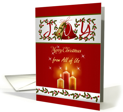 Christmas business card from all of us - bells, candle and holly. card