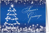 Christmas Season’s Greetings - white tree, snowflakes, stars on blue card